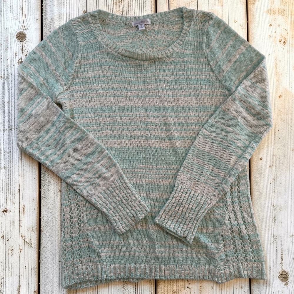 Charming Charlie Womens Mint Green Striped Pointelle Knit Sweater Small